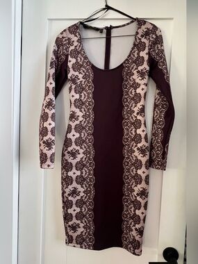 Kardashian Kollection Plum and Blush Lace-Panel Long Sleeve Bodycon Dress